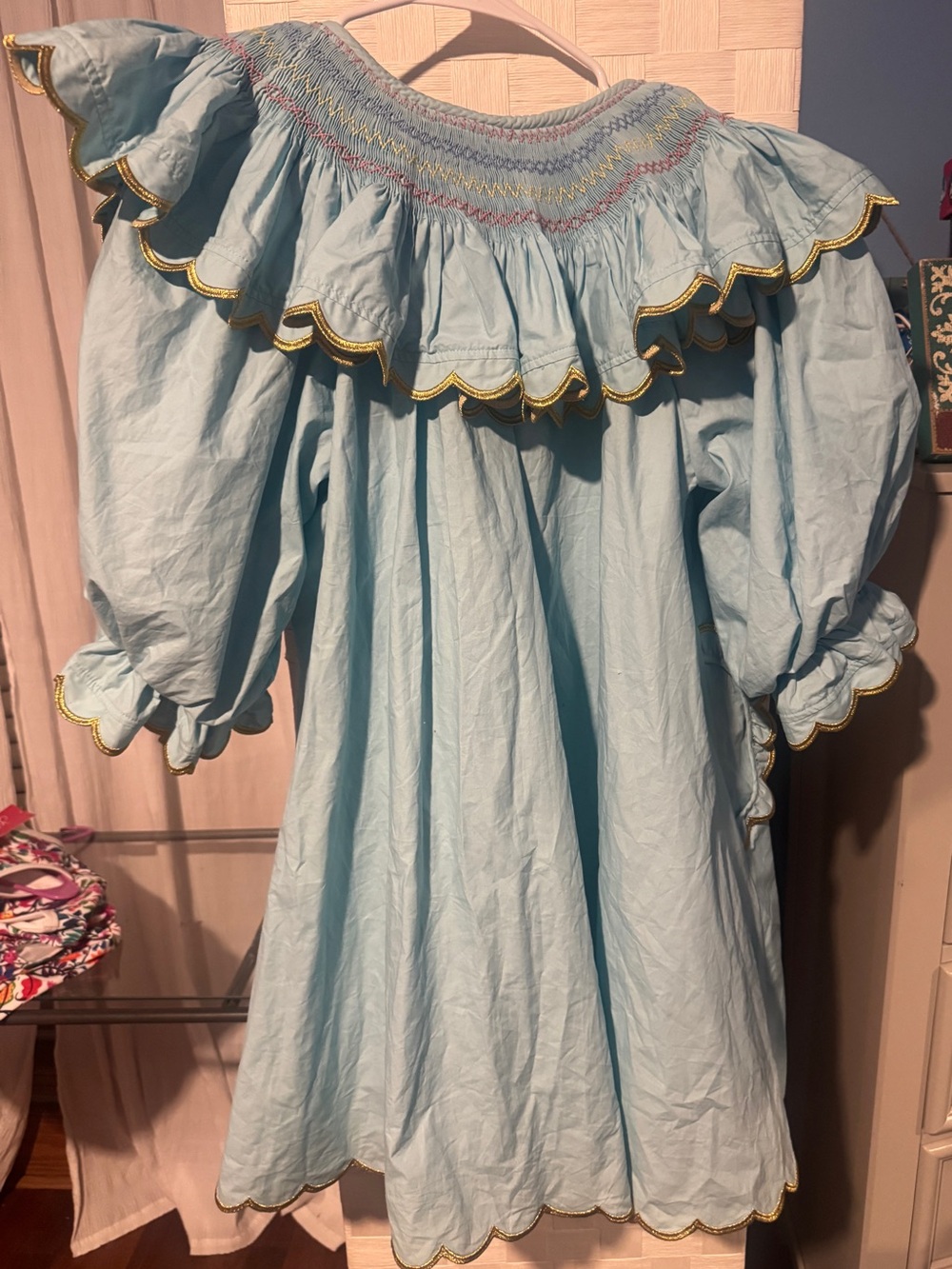 Celia B Peter Pan collar blue smocked top scalloped edge mini dress size X small